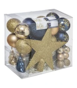 Déco De Sapin De Noël Kit 44 Pièces, Boule, Guirlande Et Cimier - Bleu Et Or