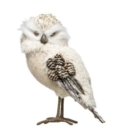 Déco De Noël Hibou Beige Avec Pommes De Pin Et Paillettes Dorées H 26 Cm