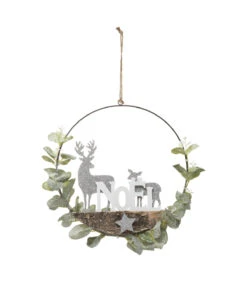 Couronne Avec Branche De Noël Et Rennes Argent Pailleté D 28 Cm