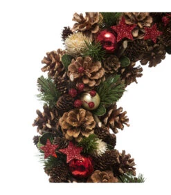 Couronne De Noël Avec Houx Pomme De Pins Et Étoiles Paillettes Rouge D 50 Cm