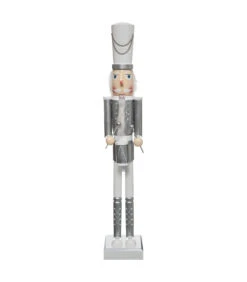 Déco De Noël Grande Figurine Casse Noisette En Bois Blanc Et Argent H 106 Cm
