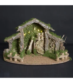 Crèche De Noël En Bois Avec Décor Et Lumineuse 5 LED H 22 Cm