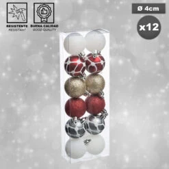 Pack Décoration De Noël : Lot De 12 Boules De Noël De 40 Mm. Dessin Assorti + 2 Guirlandes De Guirlandes Argentées 2 M + étoile Huppée Blanche à Sequ