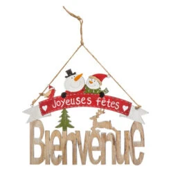 Sujet De Noël Pancarte "Soir" 29cm Naturel & Rouge