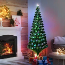 HOMCOM Sapin De Noël Artificiel Lumineux Fibre Optique LED Multimode Multicolore + Support Pied Ø 84 X 180H Cm 230 Branches étoile Sommet Brillante Vert