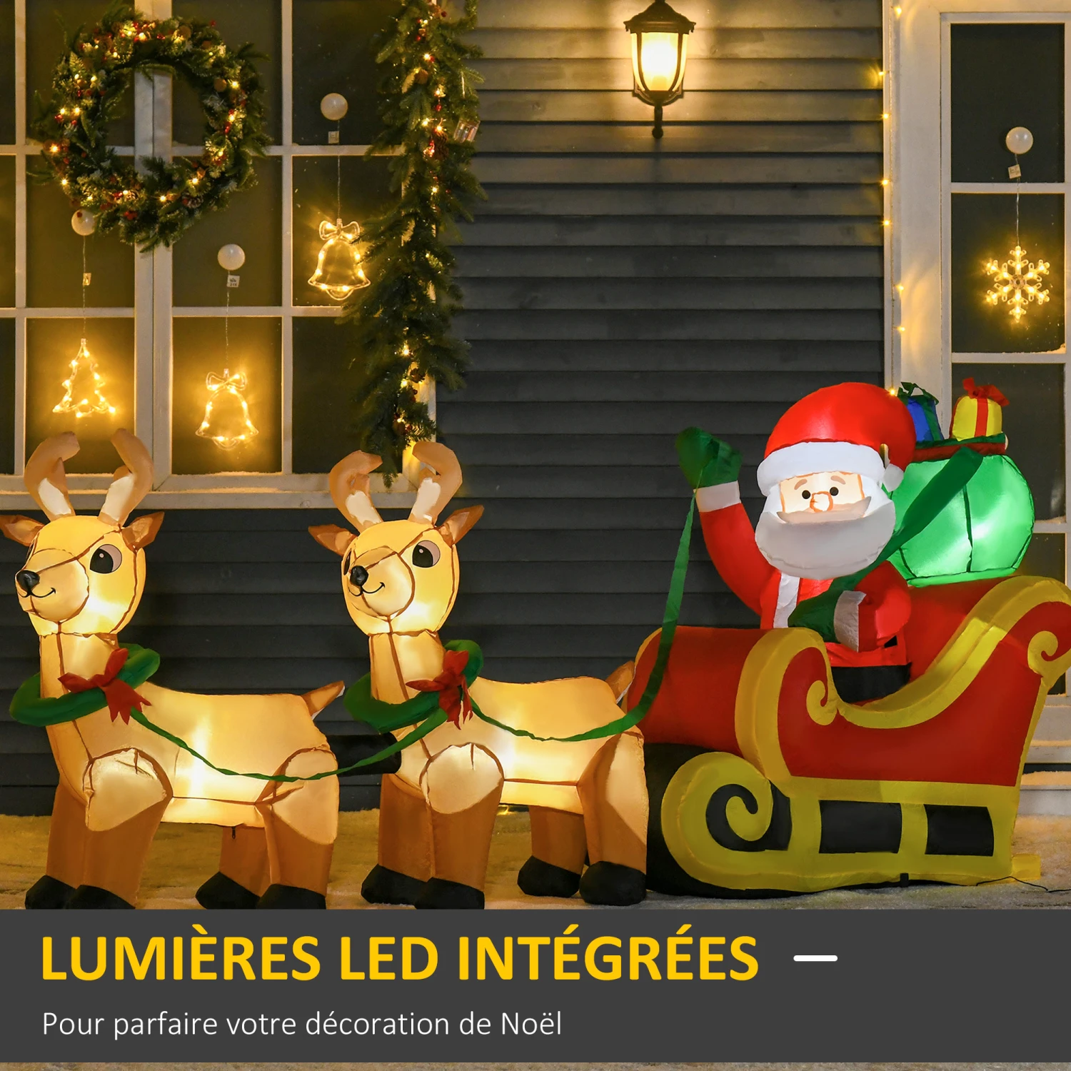 HOMCOM Père Noël Gonflable LED Dim. 240L X 57l X 112H Cm Avec Traîneau, Rennes, Hotte 6 LED Polyester Imperméable 4 HOMCOM Père Noël Gonflable LED Dim. 240L X 57l X 112H Cm Avec Traîneau, Rennes, Hotte 6 LED Polyester Imperméable – Image 4