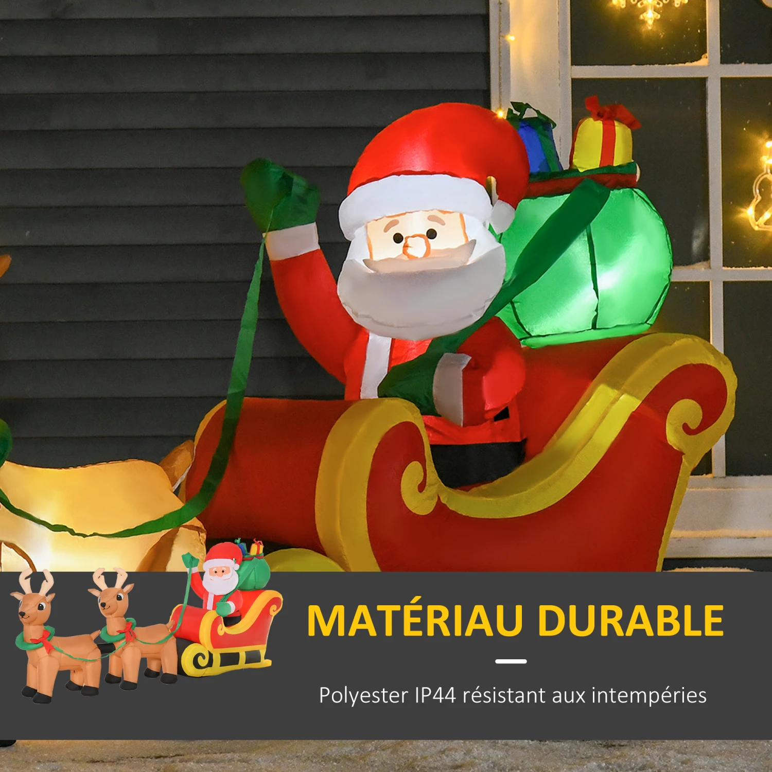 HOMCOM Père Noël Gonflable LED Dim. 240L X 57l X 112H Cm Avec Traîneau, Rennes, Hotte 6 LED Polyester Imperméable 5 HOMCOM Père Noël Gonflable LED Dim. 240L X 57l X 112H Cm Avec Traîneau, Rennes, Hotte 6 LED Polyester Imperméable – Image 5