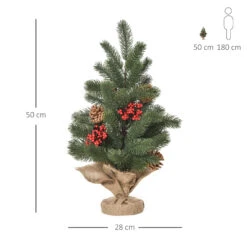 HOMCOM Sapin De Noël Artificiel De Table Bureau Ø 28 X 50H Cm - 55 Branches épines Aspect Nordmann - 4 Pommes De Pin, 4 Baies Rouges - Piètement Toile De Ju -Homcom Boutique 3662970110324 3