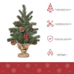 HOMCOM Sapin De Noël Artificiel De Table Bureau Ø 28 X 50H Cm - 55 Branches épines Aspect Nordmann - 4 Pommes De Pin, 4 Baies Rouges - Piètement Toile De Ju -Homcom Boutique 3662970110324 4
