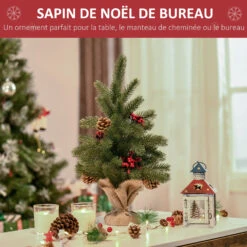 HOMCOM Sapin De Noël Artificiel De Table Bureau Ø 28 X 50H Cm - 55 Branches épines Aspect Nordmann - 4 Pommes De Pin, 4 Baies Rouges - Piètement Toile De Ju -Homcom Boutique 3662970110324 6
