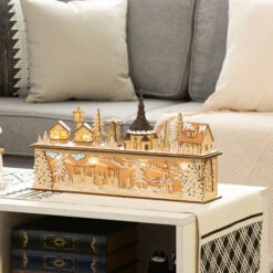 HOMCOM Village De Noël Lumineux Avec église, Maisons, Personnages - Décoration Lumineuse De Noël - 10 Lumières LED Blanc Chaud - Contreplaqué