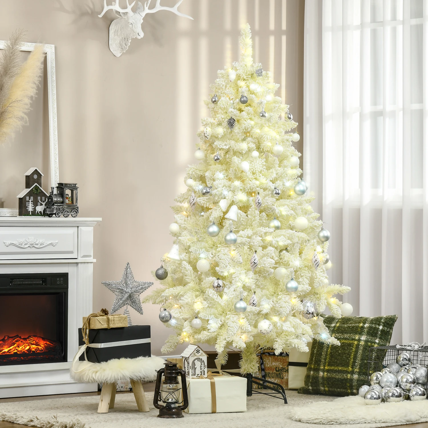 HOMCOM Sapin De Noël Artificiel Lumineux Blanc Dim. Ø 115 X 180H Cm 650 Branches 150 LED - Support Pied Pliable Métal PVC 1 HOMCOM Sapin De Noël Artificiel Lumineux Blanc Dim. Ø 115 X 180H Cm 650 Branches 150 LED - Support Pied Pliable Métal PVC