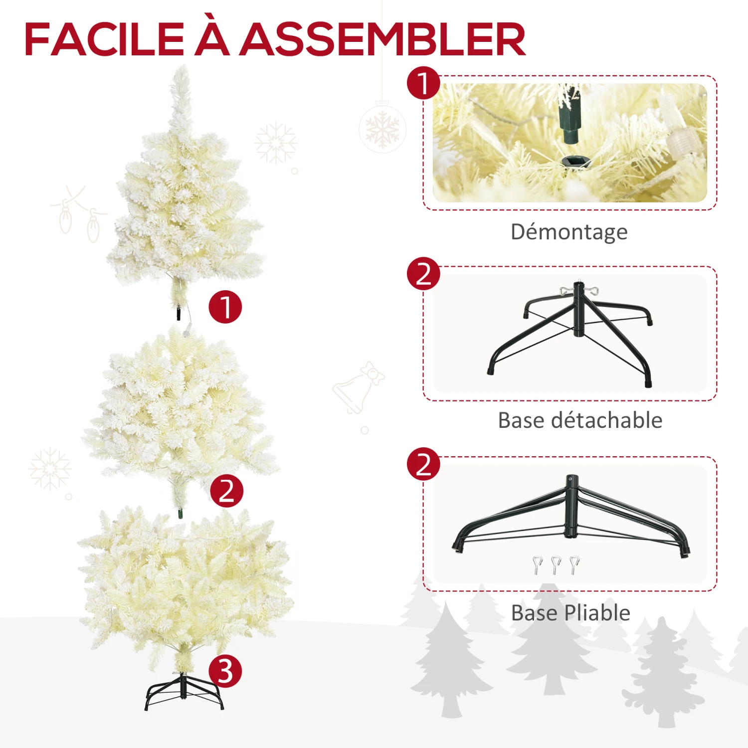 HOMCOM Sapin De Noël Artificiel Lumineux Blanc Dim. Ø 115 X 180H Cm 650 Branches 150 LED - Support Pied Pliable Métal PVC 5 HOMCOM Sapin De Noël Artificiel Lumineux Blanc Dim. Ø 115 X 180H Cm 650 Branches 150 LED - Support Pied Pliable Métal PVC – Image 5