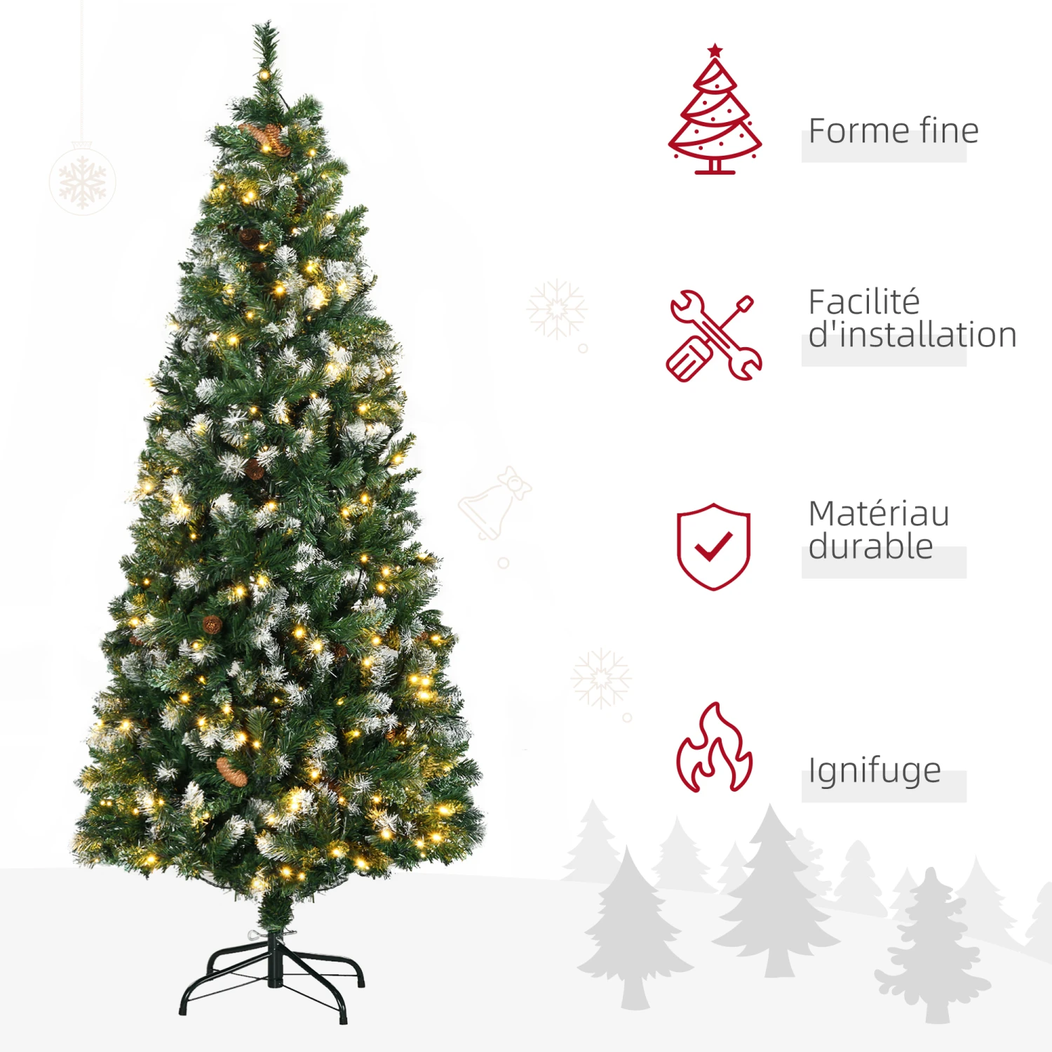 HOMCOM Sapin De Noël Artificiel Lumineux LED X 250 Blanc Chaud 30 Pommes De Pin H. 180 Cm 703 Branches Vert Effet Neige 4 HOMCOM Sapin De Noël Artificiel Lumineux LED X 250 Blanc Chaud 30 Pommes De Pin H. 180 Cm 703 Branches Vert Effet Neige – Image 4