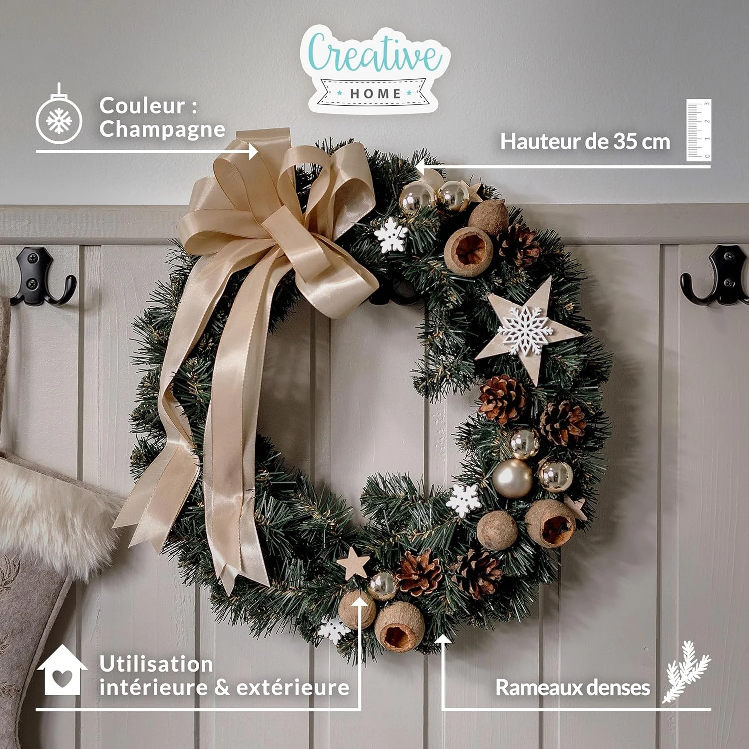 Creative Home Couronne De Noël Couleur Champagne | Diamètre 35 Cm | Couronne De Porte | Couronne De Noel Porte | Décoration Noel | Noel Decoration 5 Creative Home Couronne De Noël Couleur Champagne | Diamètre 35 Cm | Couronne De Porte | Couronne De Noel Porte | Décoration Noel | Noel Decoration – Image 5