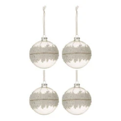 Lot De 4 Boules De Noël "Glace" 10cm Blanc & Argent