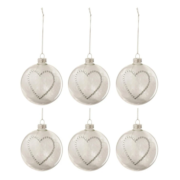 Lot De 6 Boules De Noël "Cœur Strass" 8cm Blanc 2 Lot De 6 Boules De Noël "Cœur Strass" 8cm Blanc – Image 2