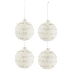 Lot De 4 Boules De Noël "Xmas" 10cm Blanc & Argent