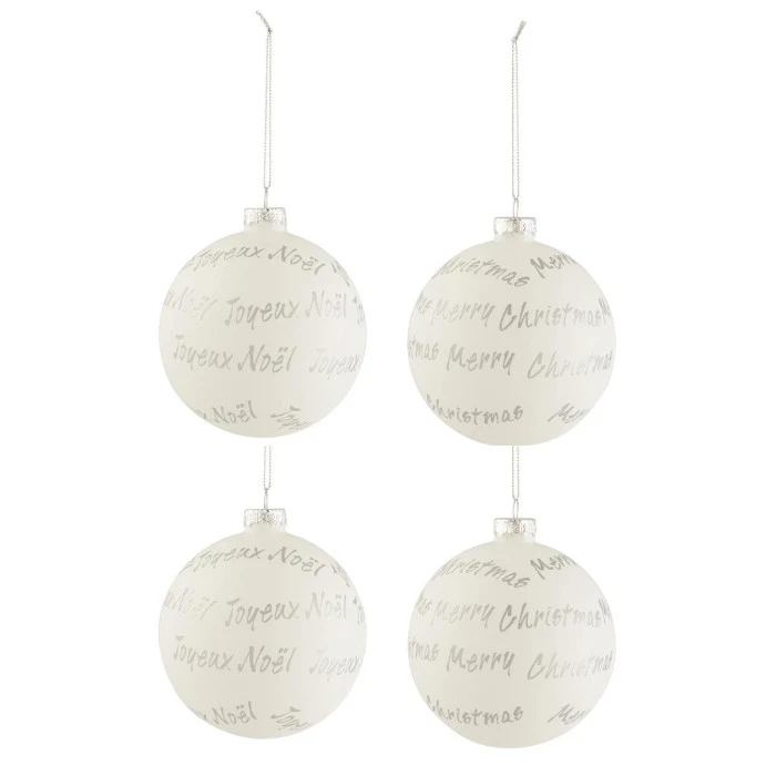 Lot De 4 Boules De Noël "Xmas" 10cm Blanc & Argent 1 Lot De 4 Boules De Noël "Xmas" 10cm Blanc & Argent