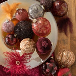 Lot De 6 Boules De Noël Velours Gris Et Or En Verre