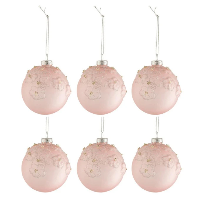 Lot De 6 Boules De Noël "Fleurs Opale" 8cm Rose 2 Lot De 6 Boules De Noël "Fleurs Opale" 8cm Rose – Image 2