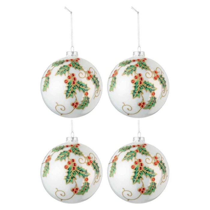 Lot De 4 Boules De Noël "Houx" 10cm Blanc & Vert 2 Lot De 4 Boules De Noël "Houx" 10cm Blanc & Vert – Image 2