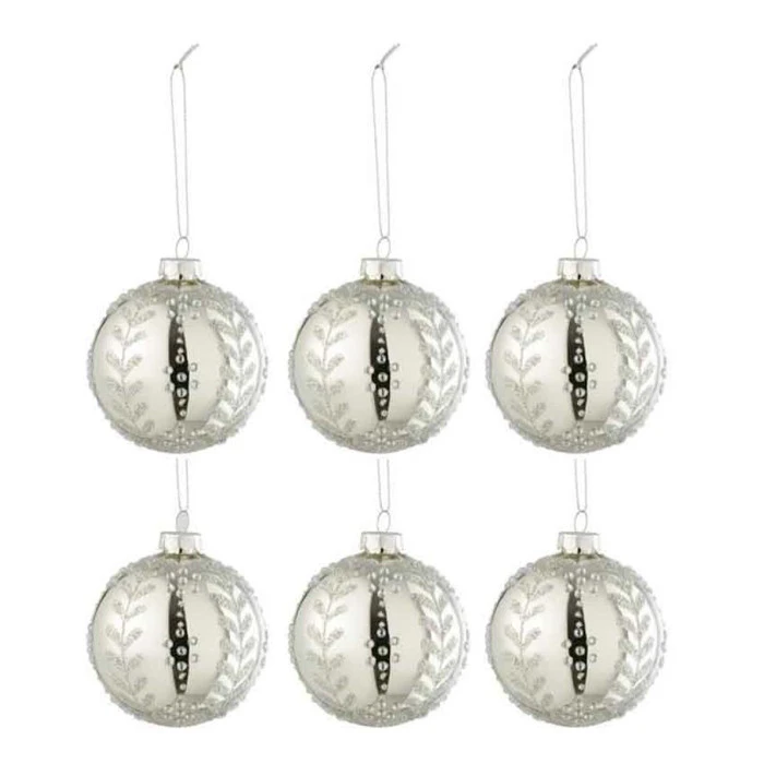 Lot De 6 Boules De Noël "Feuilles Paillettes" 8cm Argent 2 Lot De 6 Boules De Noël "Feuilles Paillettes" 8cm Argent – Image 2