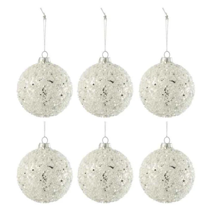 Lot De 6 Boules De Noël "Perles" 8cm Blanc & Argent 2 Lot De 6 Boules De Noël "Perles" 8cm Blanc & Argent – Image 2