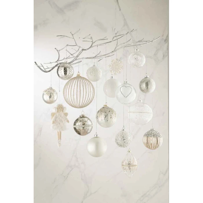 Lot De 6 Boules De Noël "Feuilles Paillettes" 8cm Argent 1 Lot De 6 Boules De Noël "Feuilles Paillettes" 8cm Argent