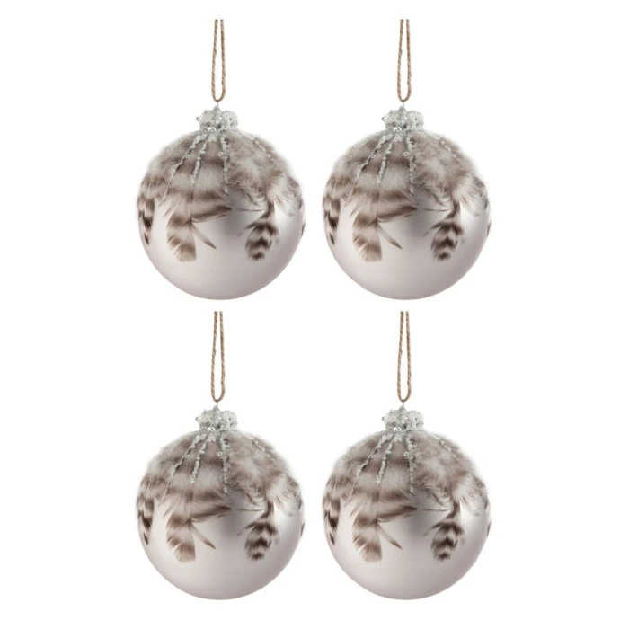 Lot De 4 Boules De Noël Design "Plumes" 10cm Gris 2 Lot De 4 Boules De Noël Design "Plumes" 10cm Gris – Image 2
