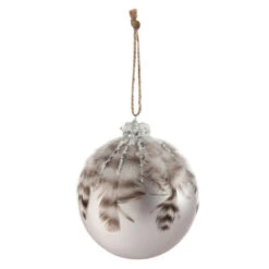Lot De 4 Boules De Noël Design "Plumes" 10cm Gris