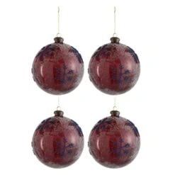 Lot De 4 Boules De Noël "Flocons De Neige" 12cm Rouge