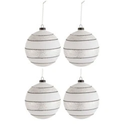 Lot De 4 Boules De Noël "Paillettes Lignes" 10cm Blanc