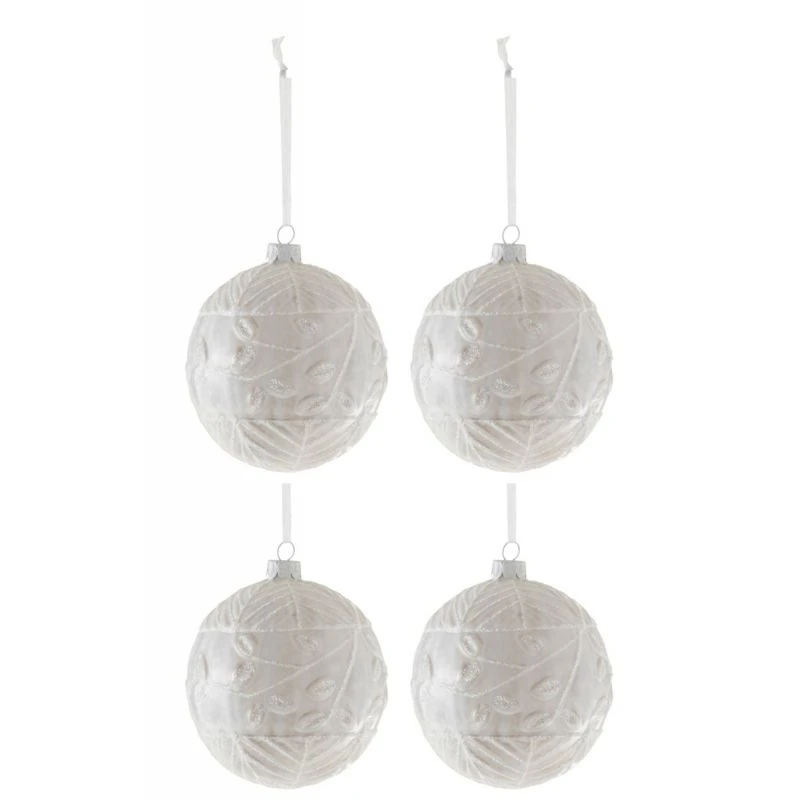 Lot De 4 Boules De Noël "Feuille" 10cm Blanc 2 Lot De 4 Boules De Noël "Feuille" 10cm Blanc – Image 2