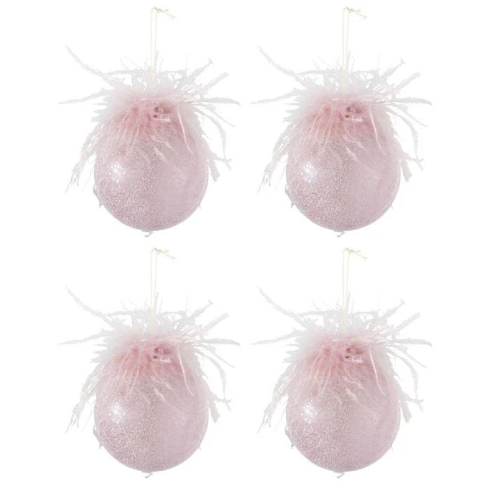 Lot De 4 Boules De Noël "Plumes" 10cm Rose 2 Lot De 4 Boules De Noël "Plumes" 10cm Rose – Image 2