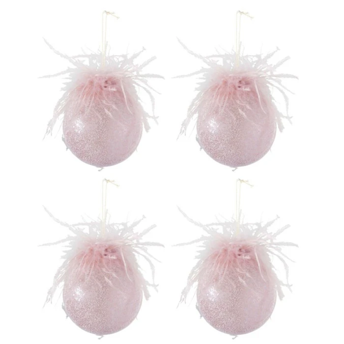 Lot De 4 Boules De Noël "Plumes" 10cm Rose 1 Lot De 4 Boules De Noël "Plumes" 10cm Rose