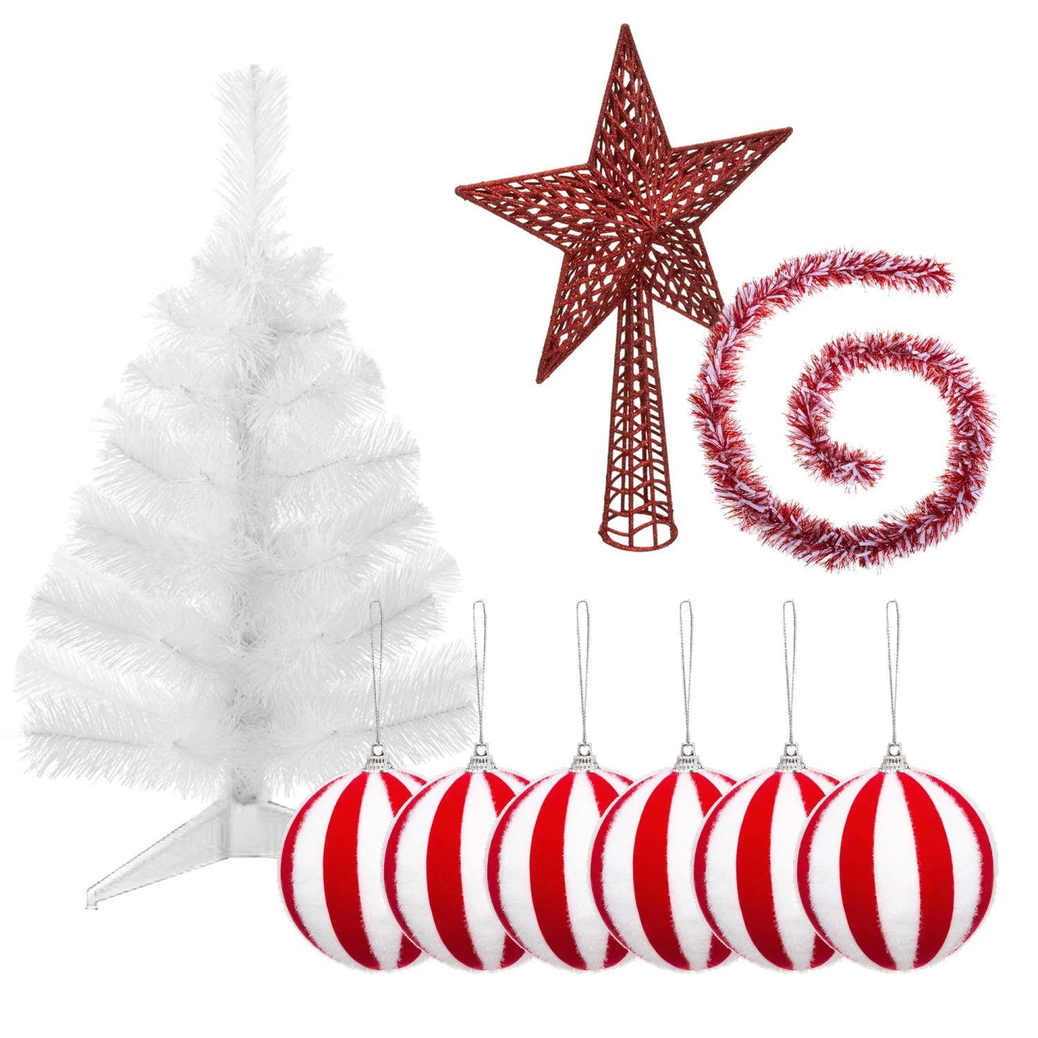 Pack Décoration De Noël : Sapin Blanc 70 Cm Avec Socle + 6 Boules De Noël Rayées Blanches Et Rouges + étoile Huppée Rouge + Guirlande De Guirlandes B 2 Pack Décoration De Noël : Sapin Blanc 70 Cm Avec Socle + 6 Boules De Noël Rayées Blanches Et Rouges + étoile Huppée Rouge + Guirlande De Guirlandes B – Image 2