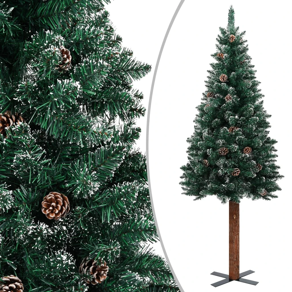 VidaXL Sapin De Noël Mince Bois Véritable Et Neige Blanche Vert 150 Cm 1 VidaXL Sapin De Noël Mince Bois Véritable Et Neige Blanche Vert 150 Cm