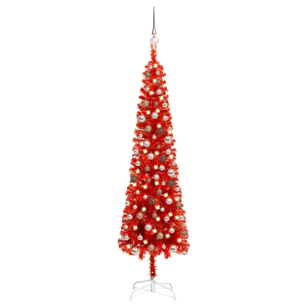 VidaXL Arbre De Noël Mince Avec LED Et Boules Rouge 180 Cm 2 VidaXL Arbre De Noël Mince Avec LED Et Boules Rouge 180 Cm – Image 2